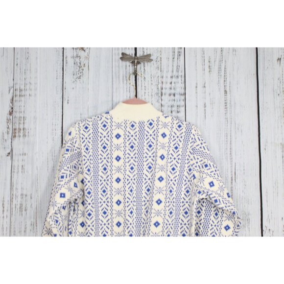 Vintage LL Bean Blue White Nordic Snowflake Quarter Zip Sweater Large - Picture 7 of 9
